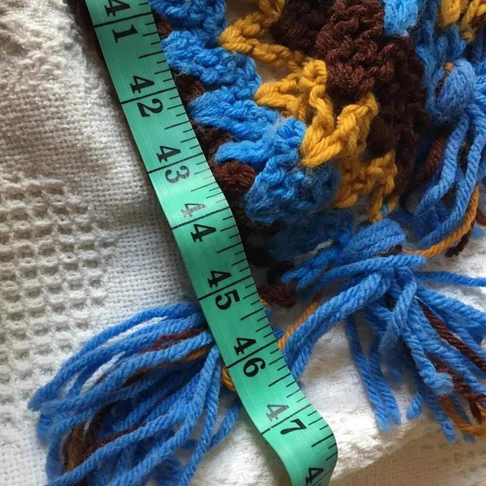 Vintage retro crocheted afghan, blanket - brown blue granny-core appr. 45